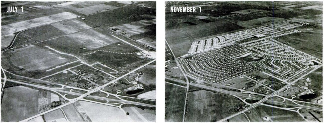 The growth of Levittown, New York from July 1 to November 1, 1947. Life Magazine, August 23, 1948, p. 75. Two black and white aerial photos, side by side. On the left, mostly empty fields. On the right, the same fields full of single-family homes.