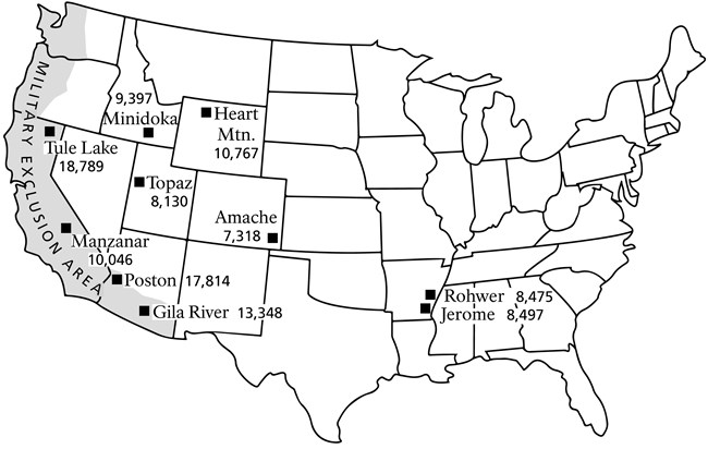WRC and peak pops full US map image of US with states outlined and locations of Japanese American confinement sites labeled