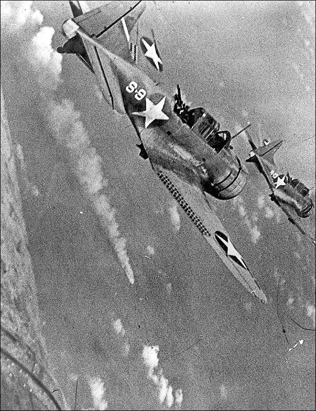 Dive-bombers attacking a Japanese ship, 1942. Dive-bombers attacking a Japanese ship, 1942.