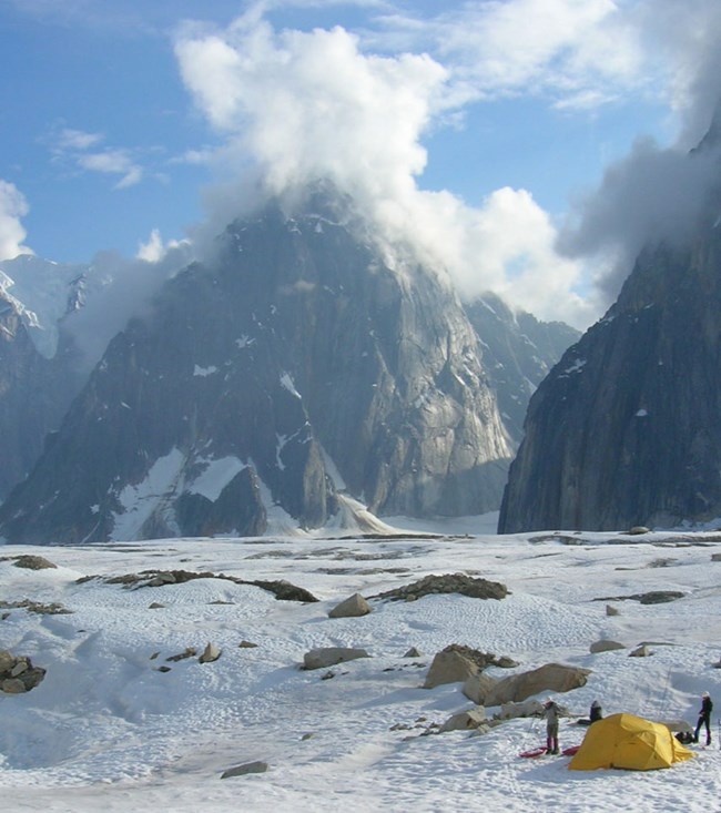 denali gri photo campsite with ice, snow, and rock spires