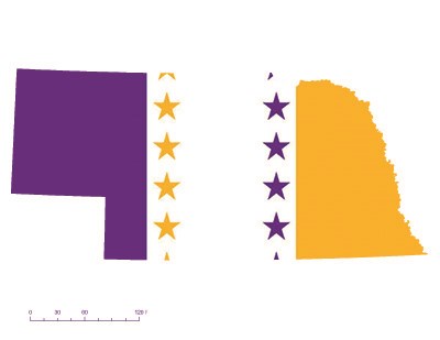 State of Nebraska depicted in purple, white, and gold (colors of the National Woman’s Party suffrage flag) – indicating Nebraska was one of the original 36 states to ratify the 19th Amendment. Courtesy Megan Springate. State of Nebraska depicted in purple, white, and gold (colors of the National Woman’s Party suffrage flag) – indicating Nebraska was one of the original 36 states to ratify the 19th Amendment. Courtesy Megan Springate.