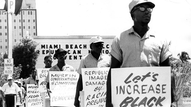 Black and White image of protestors in Miami Beach, FL in 1968 