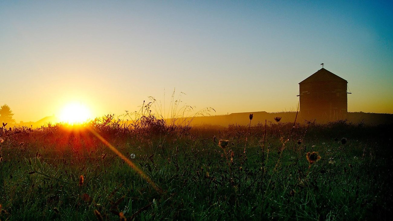 A view of Fort Vancouver at sunrise. 
