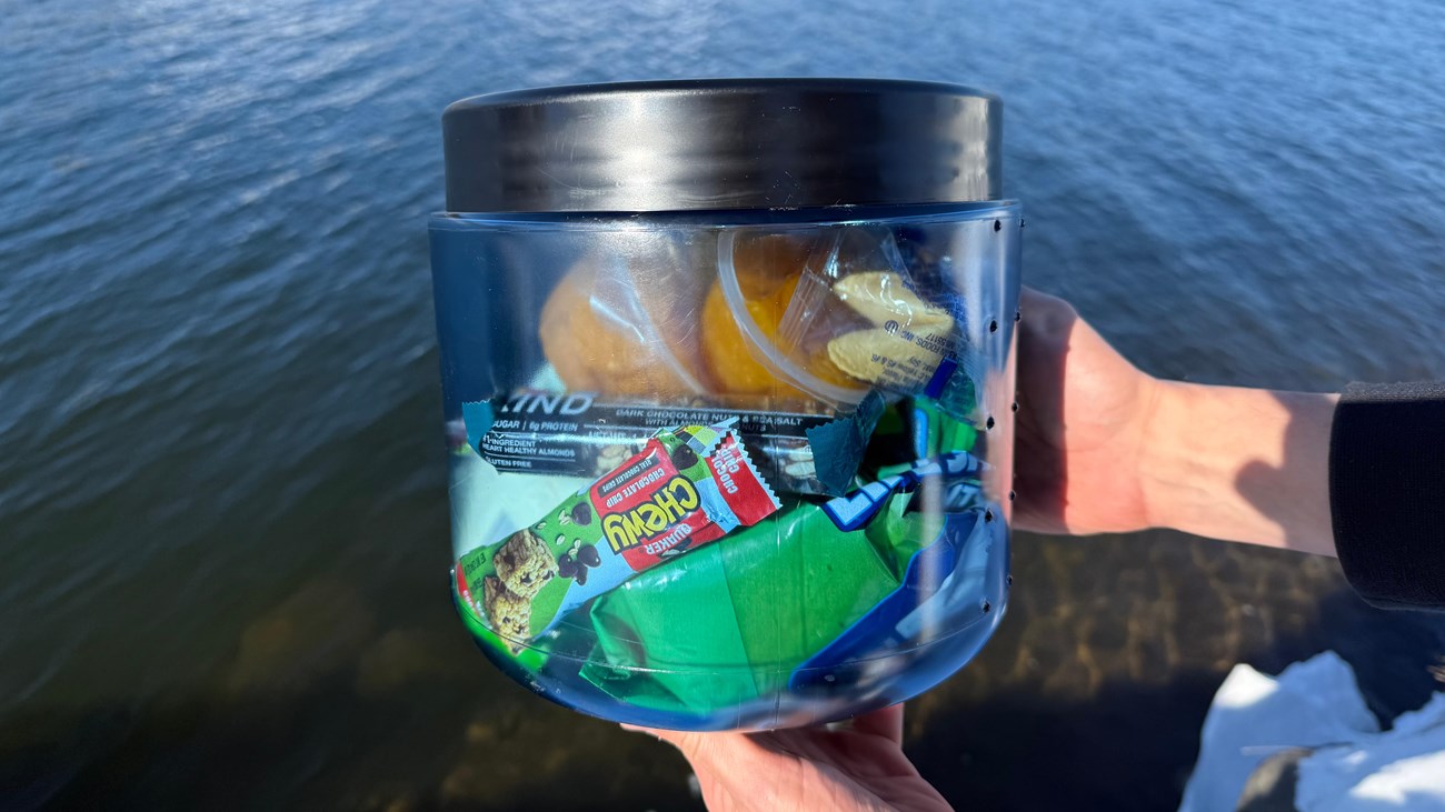 A round, see-through, blue container with a black lid filled with food items.