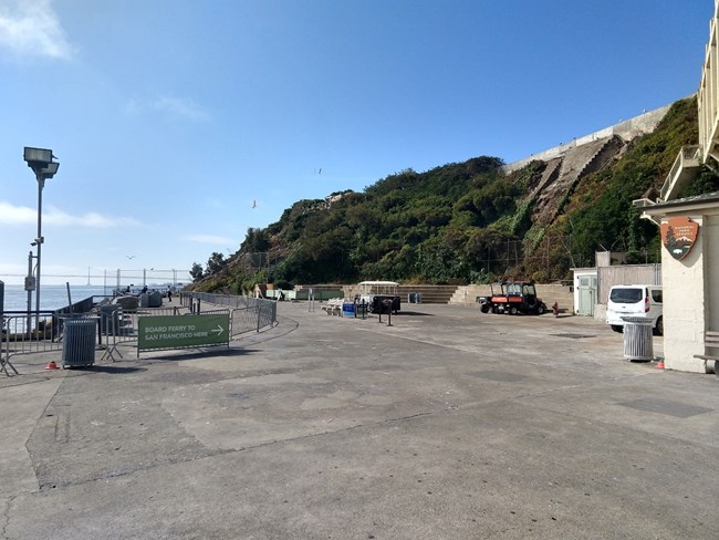 Alcatraz concrete wharf looking towards ferry queue Concrete wharf looking towards ferry queue.